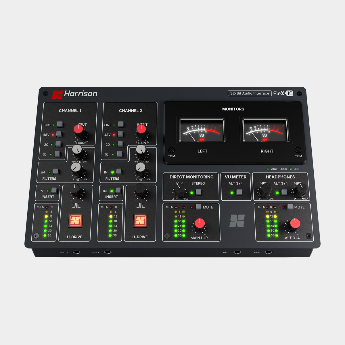 Harrison Audio Flex-10 audio interface, overhead controls and VU meters