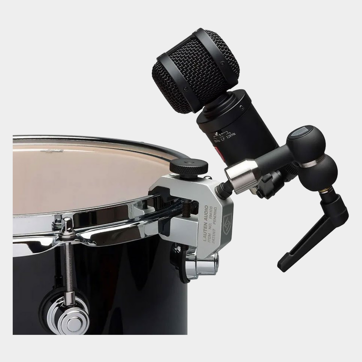 Lauten Audio RM-108 Rim Mount Microphone Holder — shown installed; microphone and drum not included