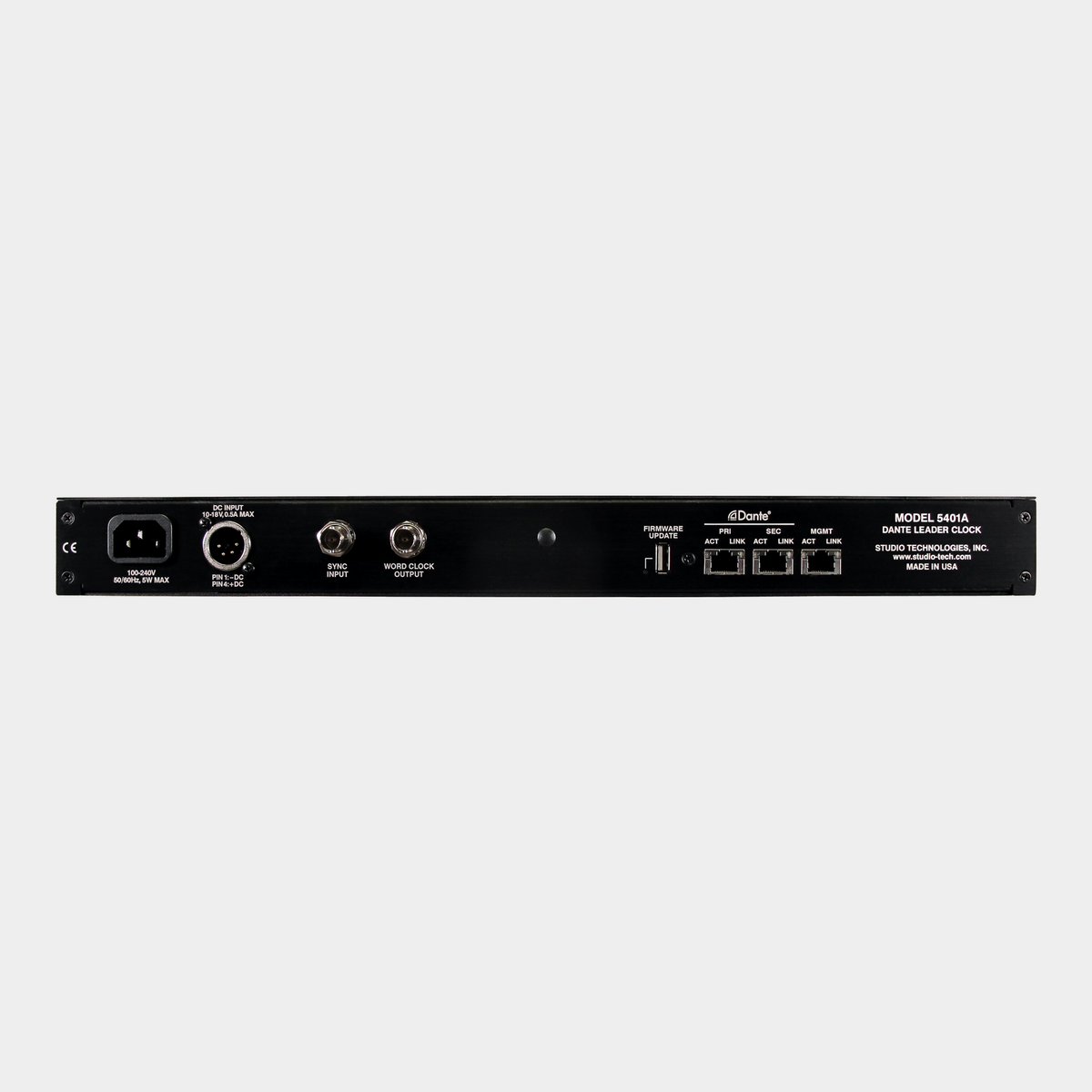 Studio Technologies Model 5401A – rear view with Dante, sync and power connections