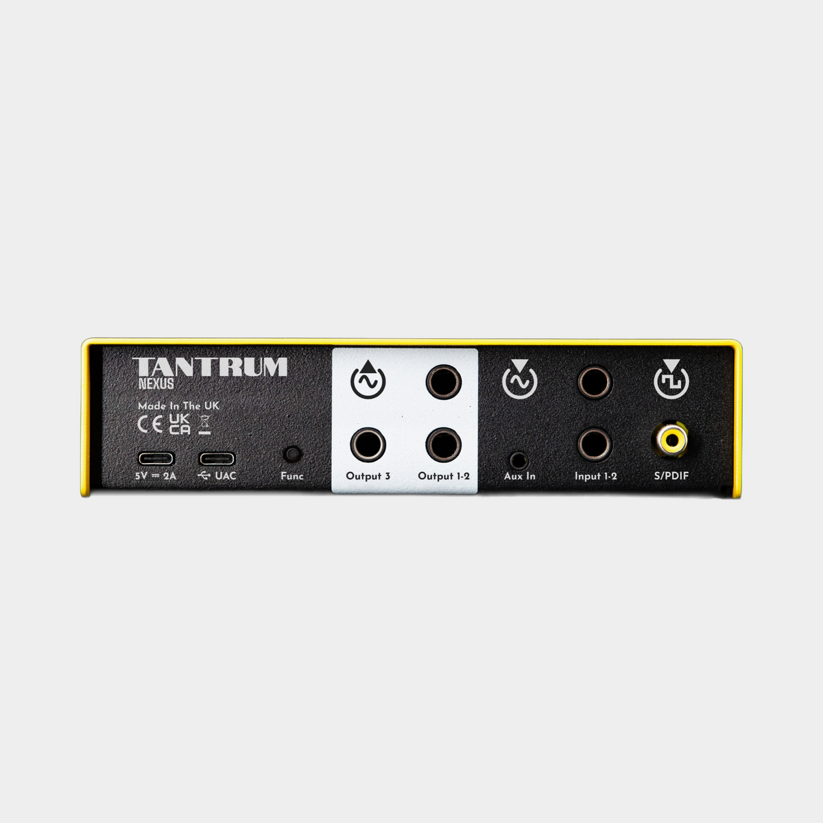 Tantrum Audio NEXUS rear panel showing balanced inputs and outputs, aux input, S/PDIF and USB-C