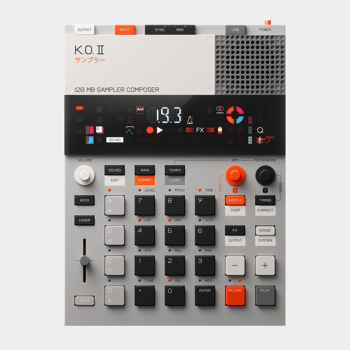 Teenage Engineering EP-133 K.O. II 128MB sampler, front view on a light-grey background