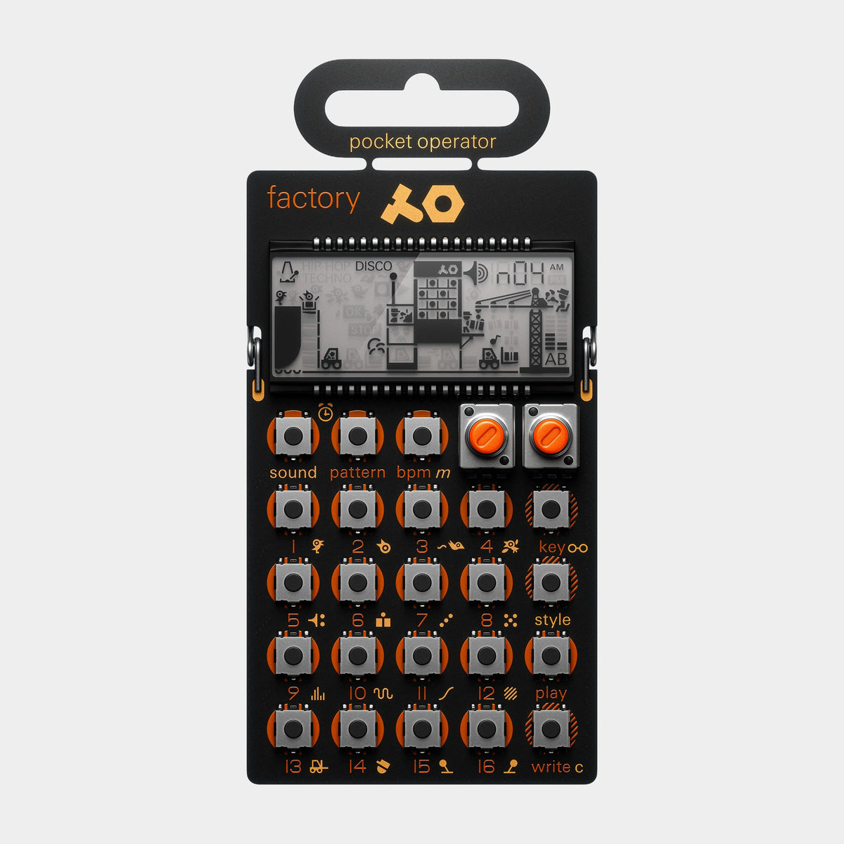 Teenage Engineering PO-16 Factory Pocket Operator, product view on a light-grey background