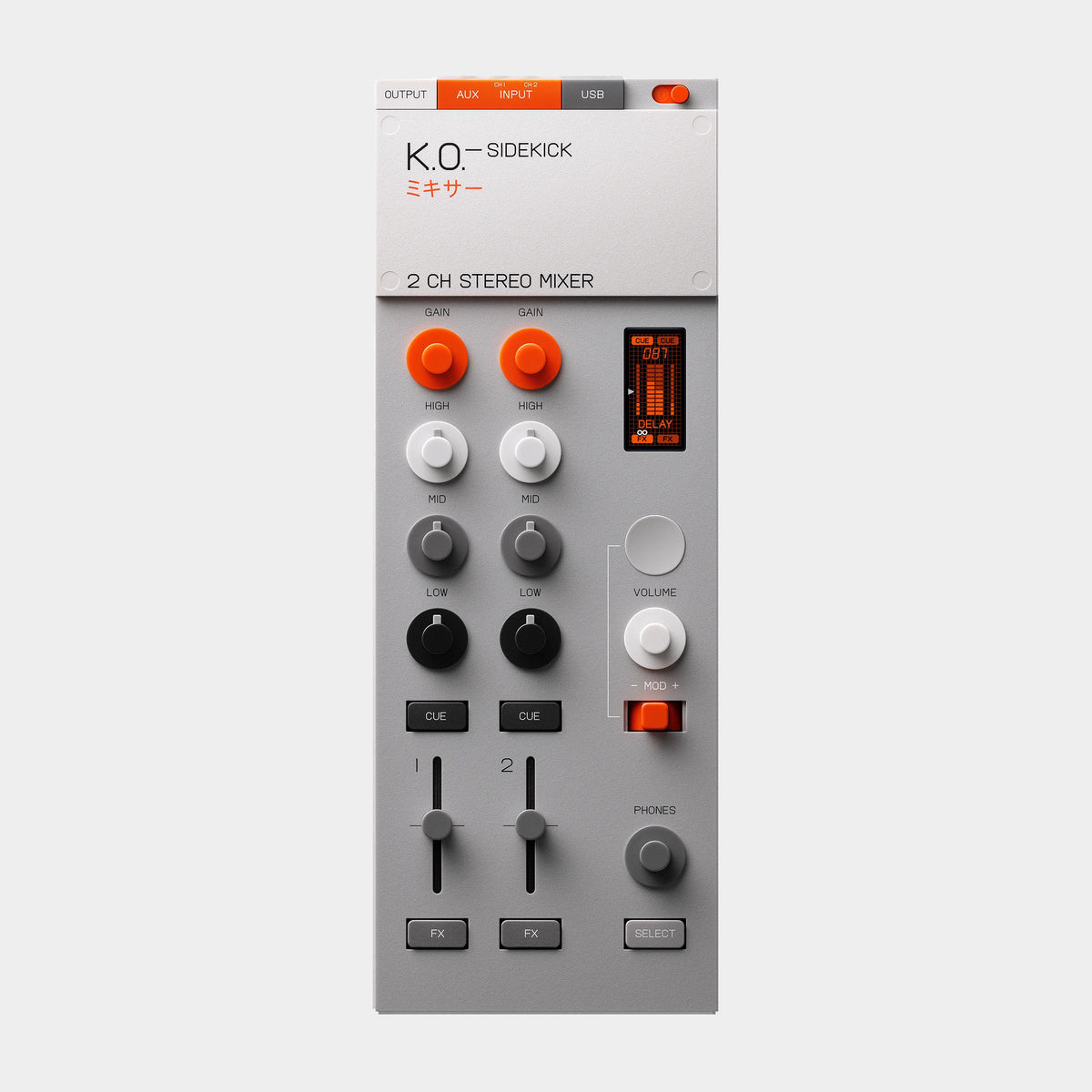 Teenage Engineering EP-136 K.O. Sidekick Mixer & Audio Interface, product view on a light-grey background