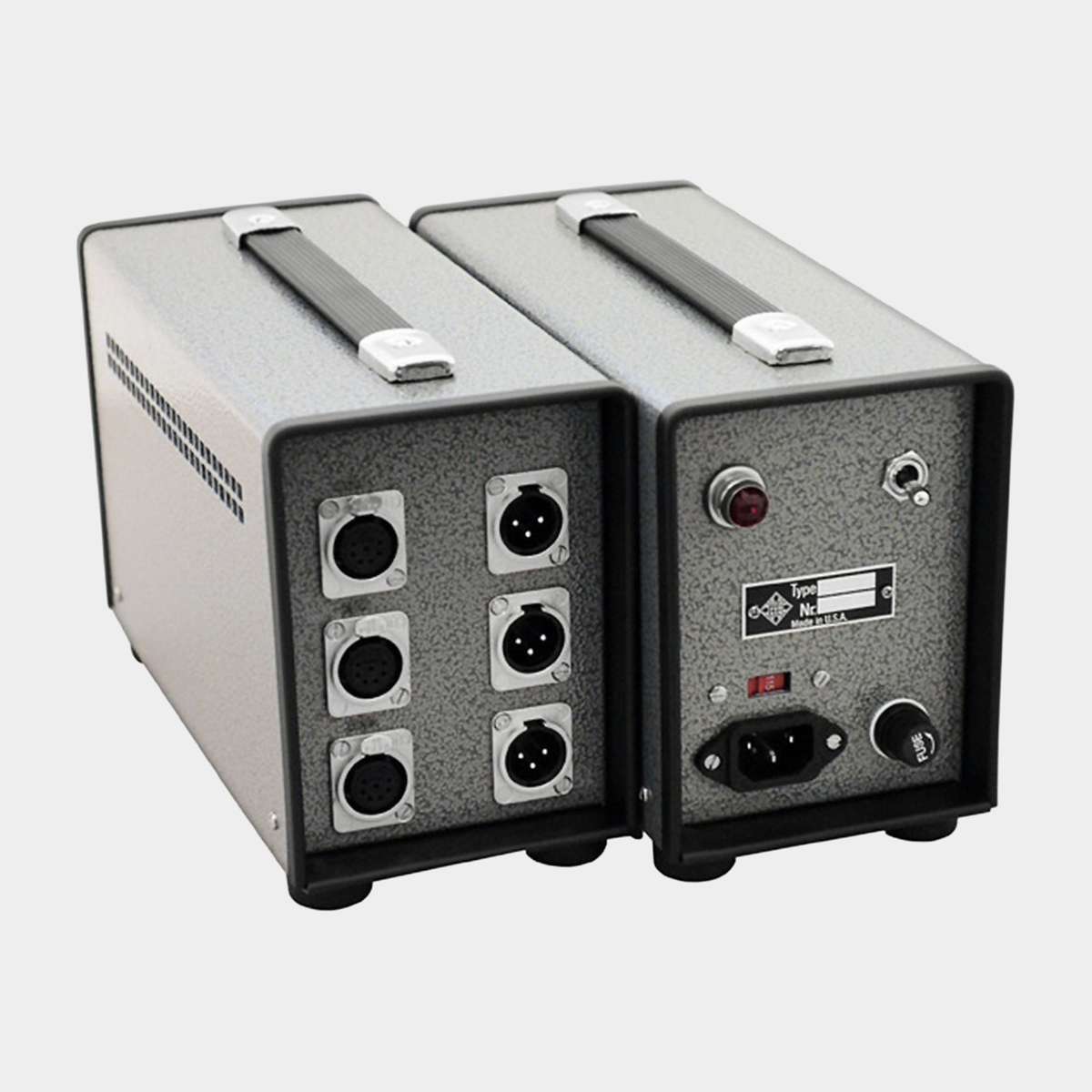 Telefunken M963 3-Channel Power Supply, part PSU-017 — front and rear views of one power supply