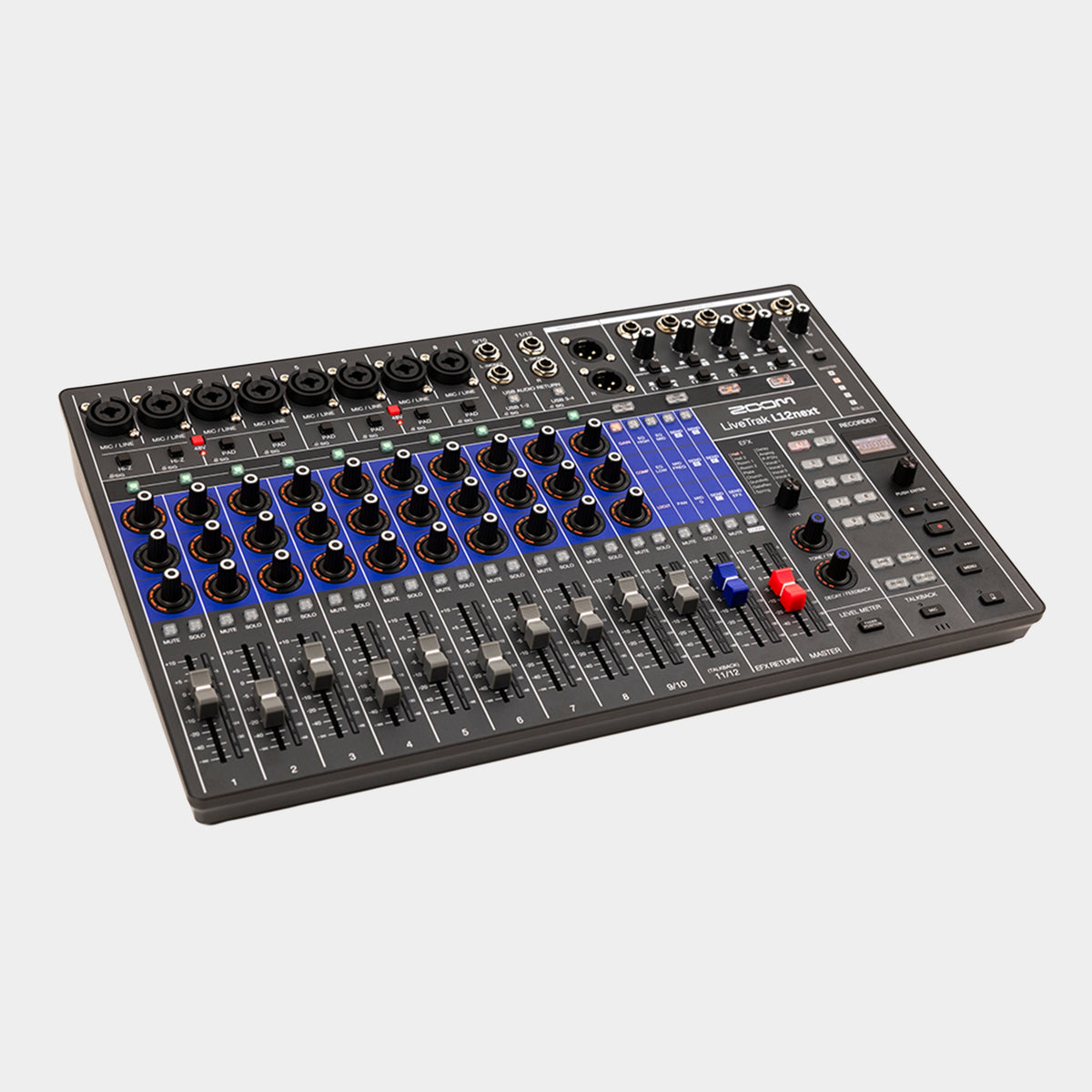 Zoom LiveTrak L12next mixer and recorder, angled front view