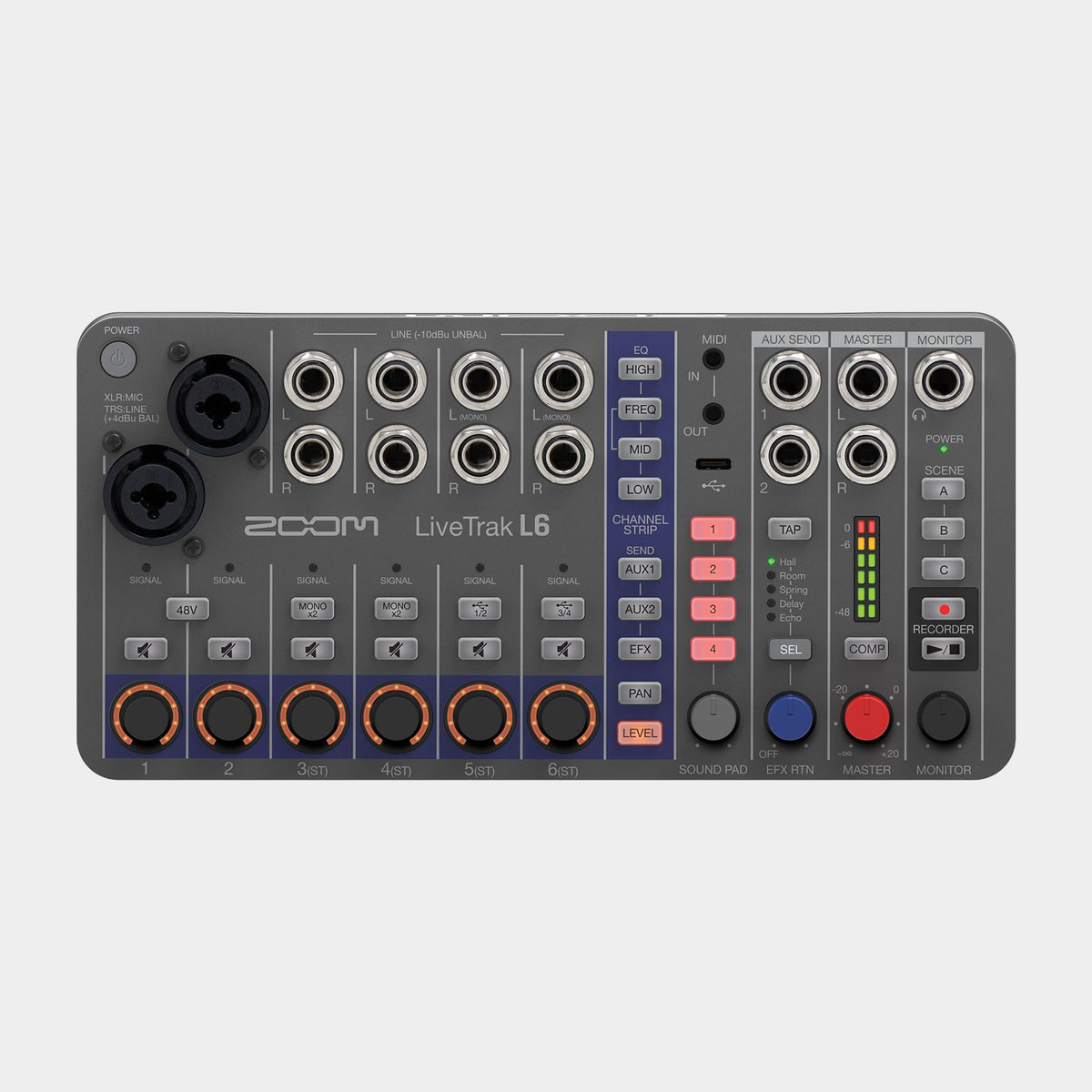 Zoom LiveTrak L6 mixer and recorder, top view