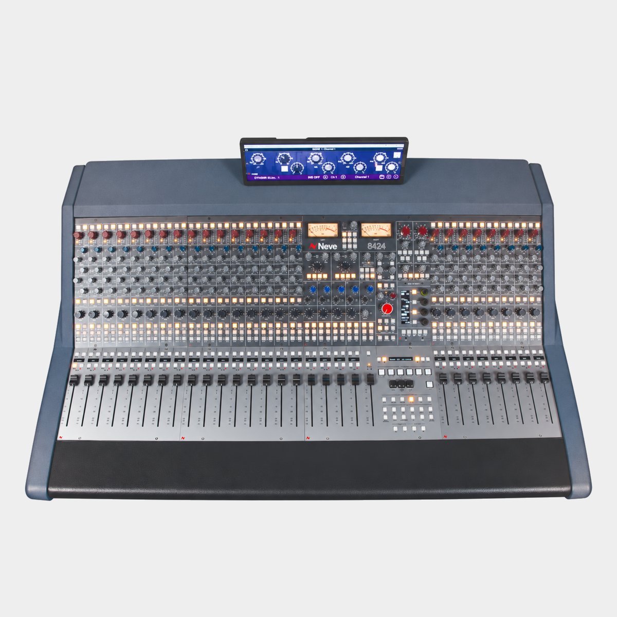 Neve 8424E analogue console with E-Controller and Elements Upstand Screen, front view