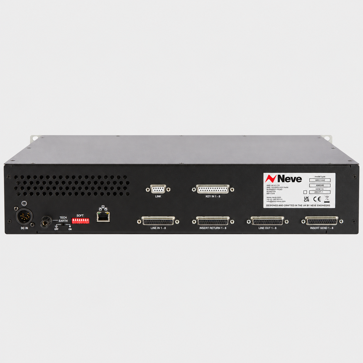 Neve Elements 88R Dynamics rear panel showing analogue audio connections and Ethernet control