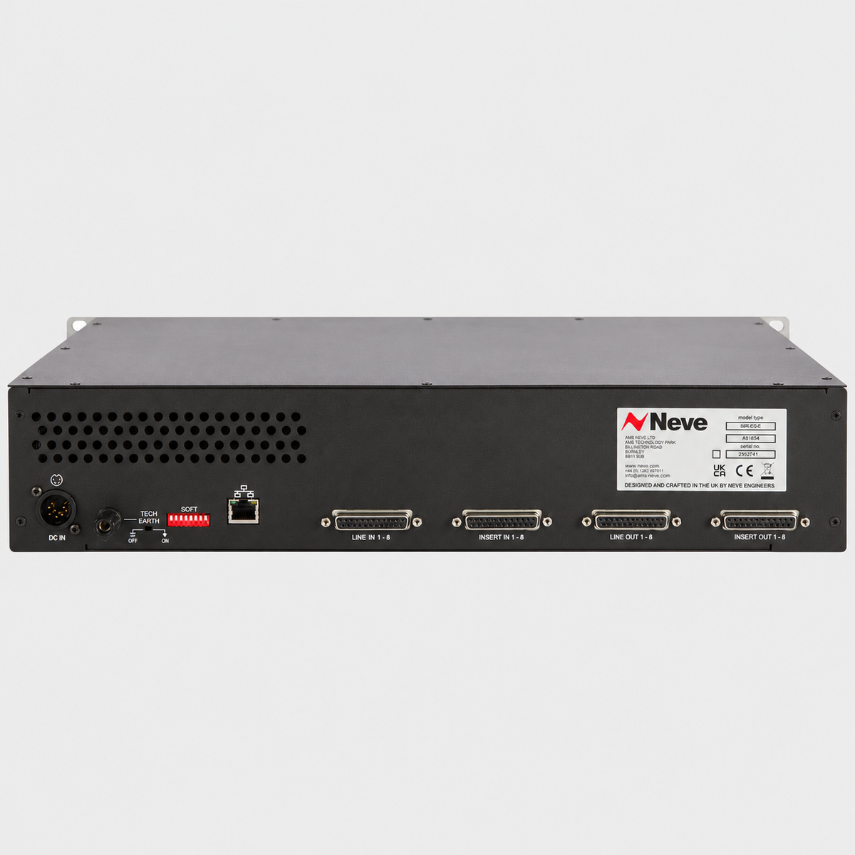 Neve Elements 88R EQ rear panel showing analogue audio connections and Ethernet control