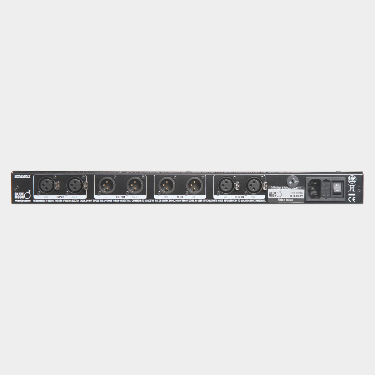 OnTheMoon Spacecraft rear panel — balanced stereo XLR inputs and outputs, Mid/Side inserts and mains power