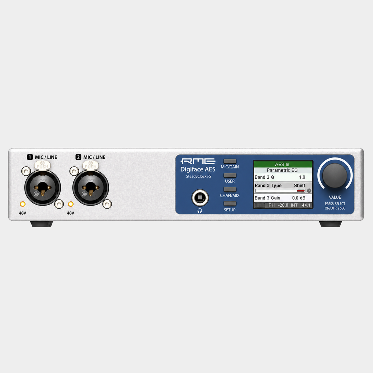 RME Digiface AES – front panel with two mic/line inputs, headphones and colour display