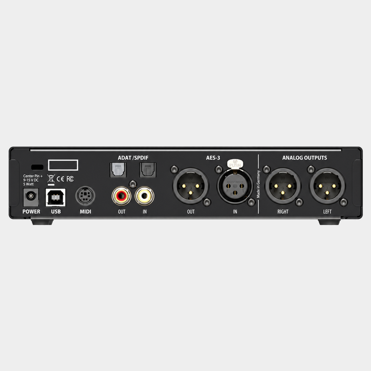 RME Digiface AES – rear panel with AES/EBU, ADAT/SPDIF, XLR outputs, MIDI and USB