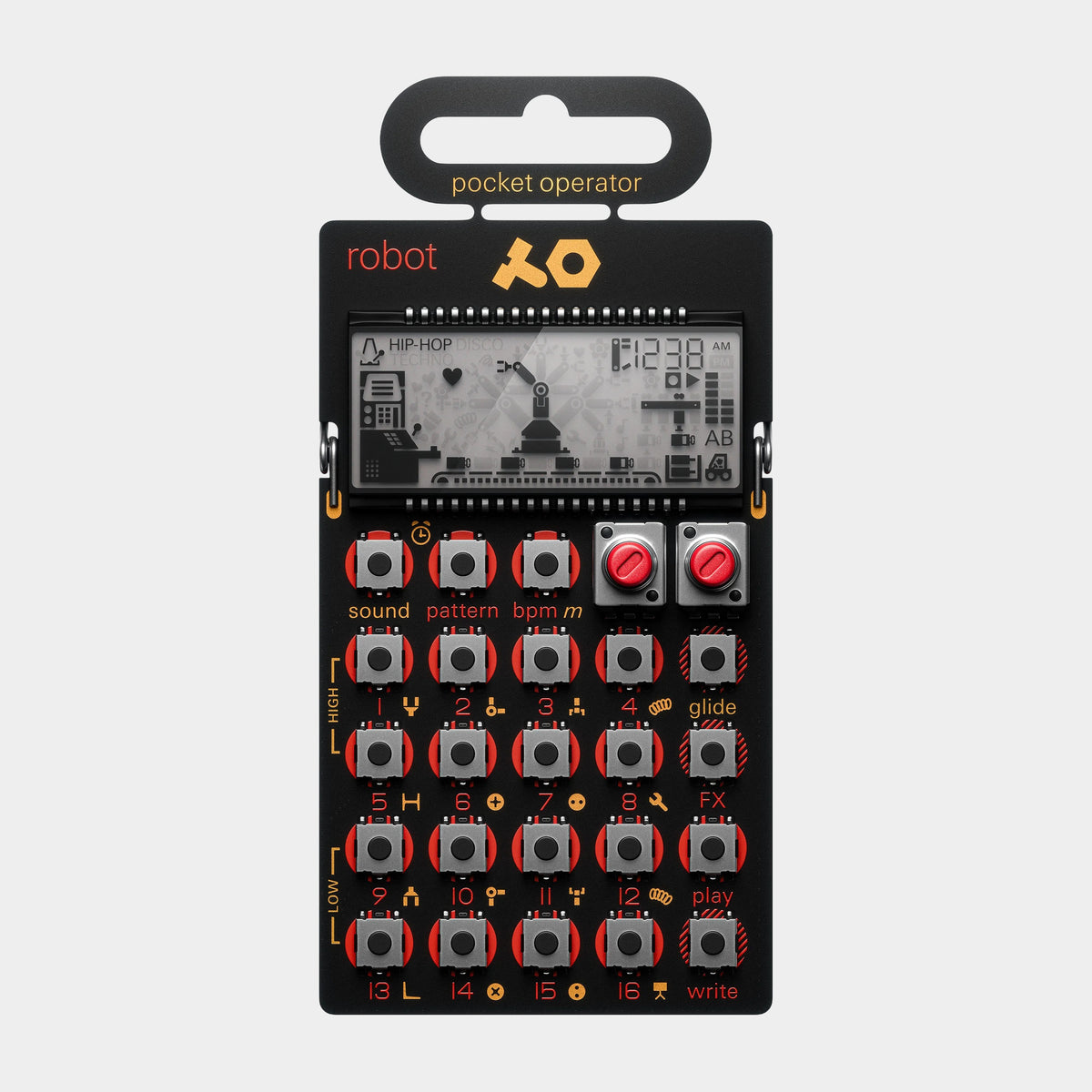 Teenage Engineering PO-28 Robot Pocket Operator, product view on a light-grey background