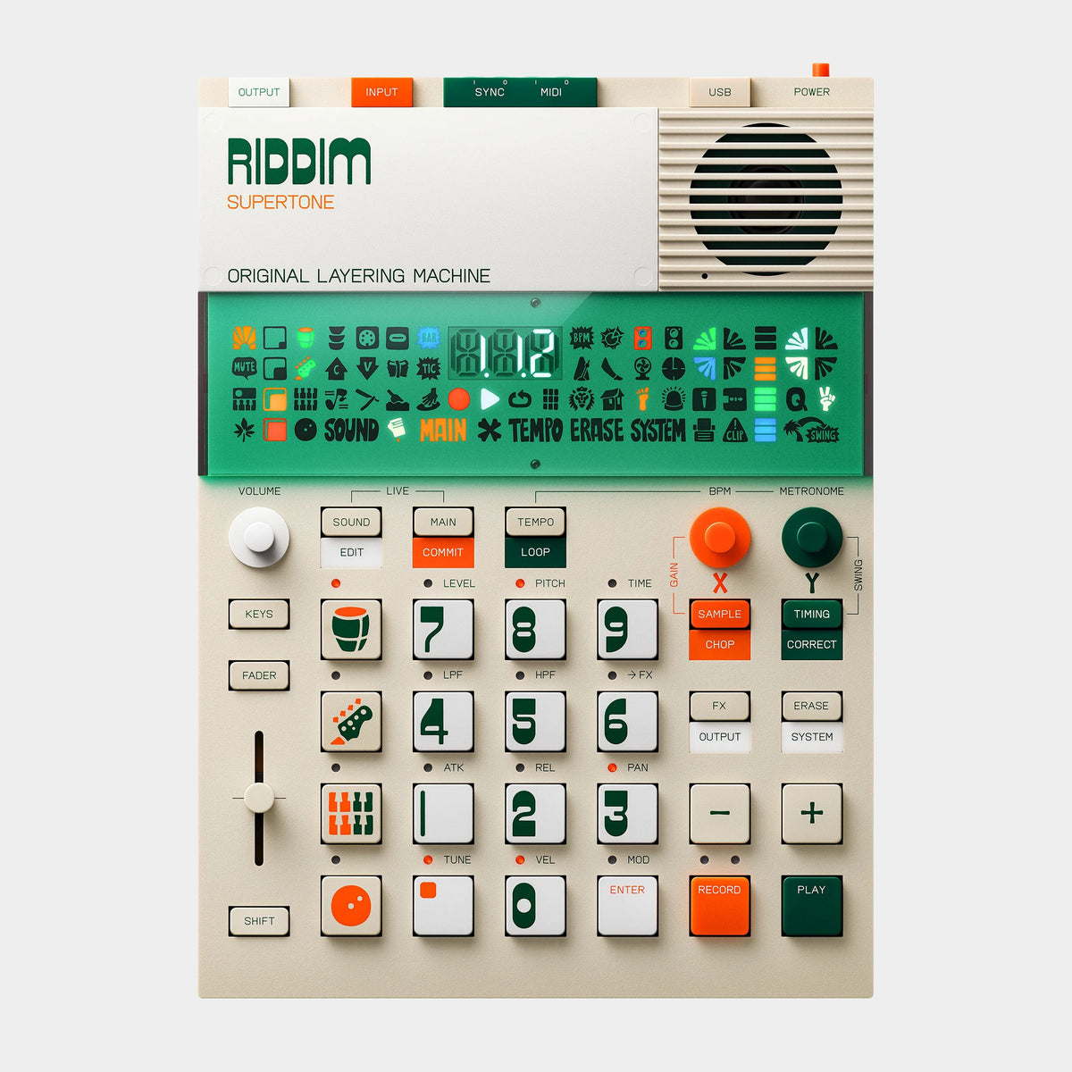 Teenage Engineering EP-40 RIDDIM Sampler, product view on a light-grey background
