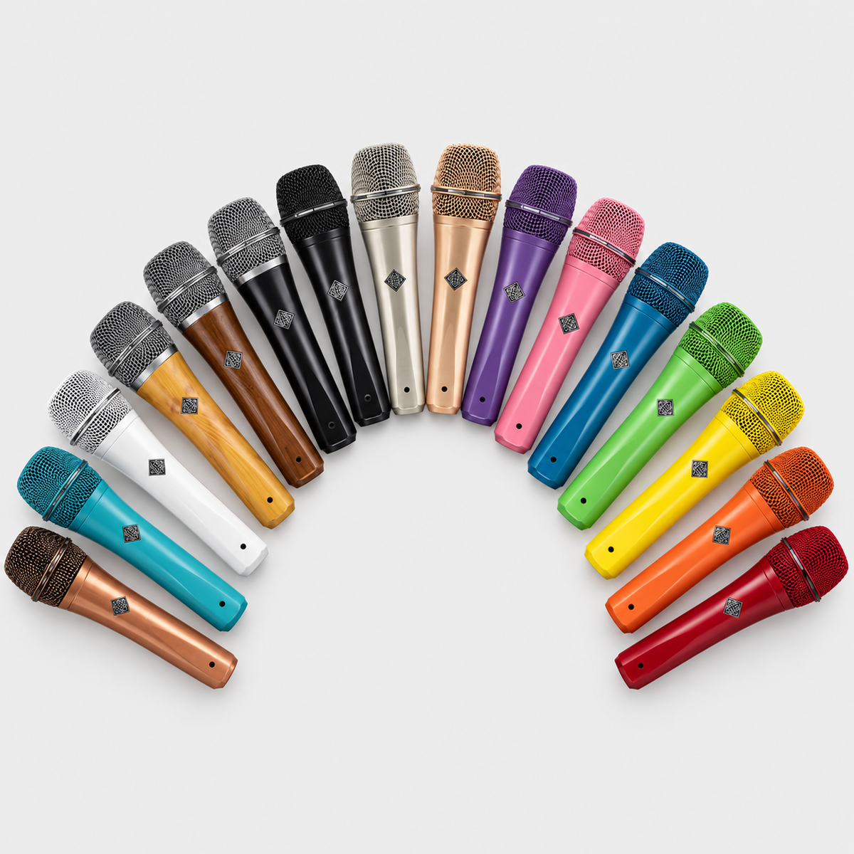 Telefunken M80 microphone range: sixteen colours and finishes in a rainbow arc