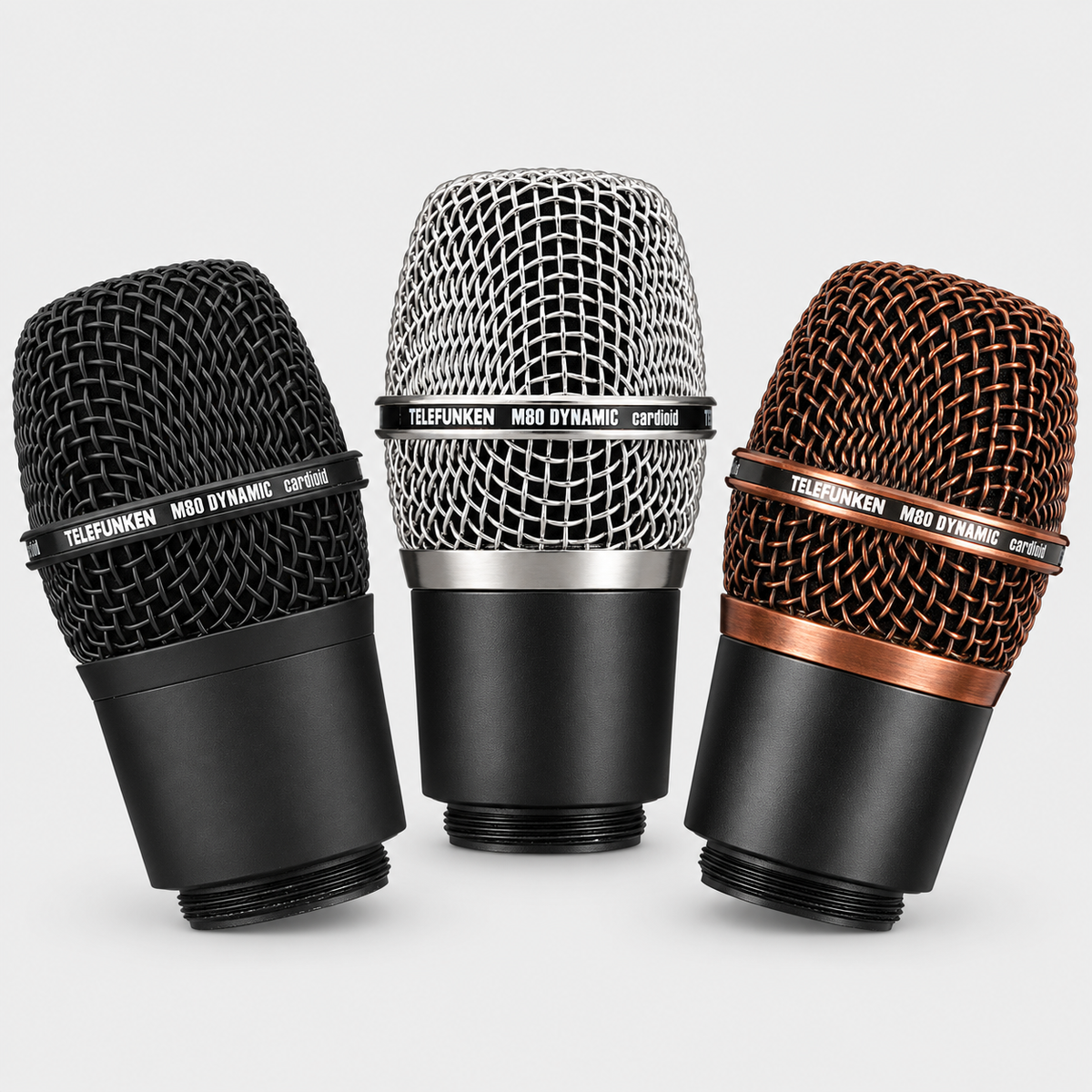 Telefunken M80-WH wireless capsules in Black, Chrome and Copper arranged in an arc