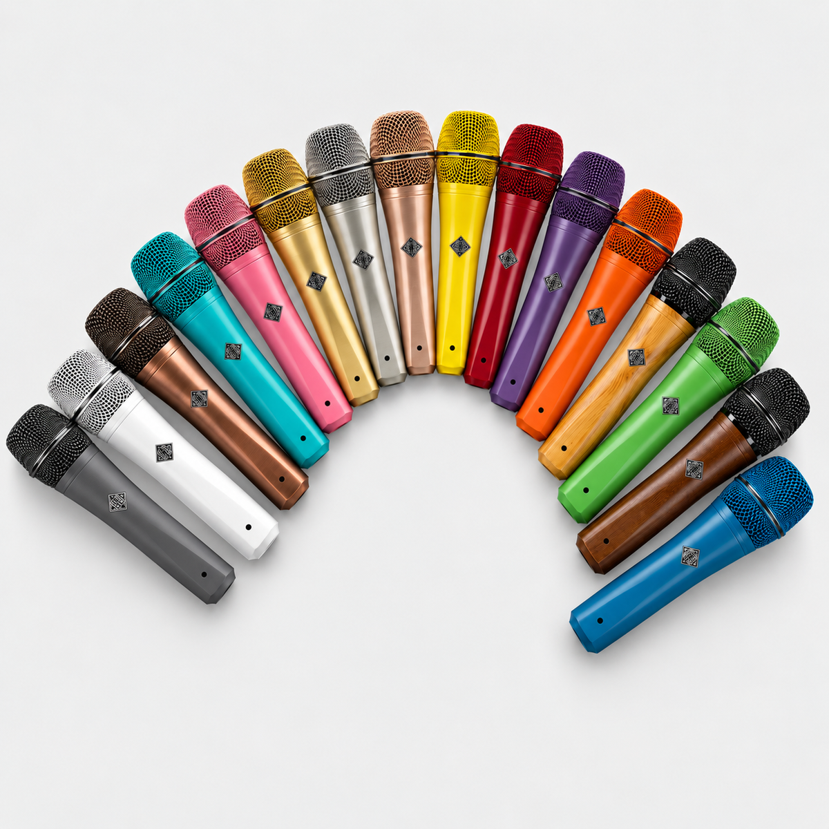 Telefunken M81 microphone range: sixteen colours and finishes arranged in a rainbow arc