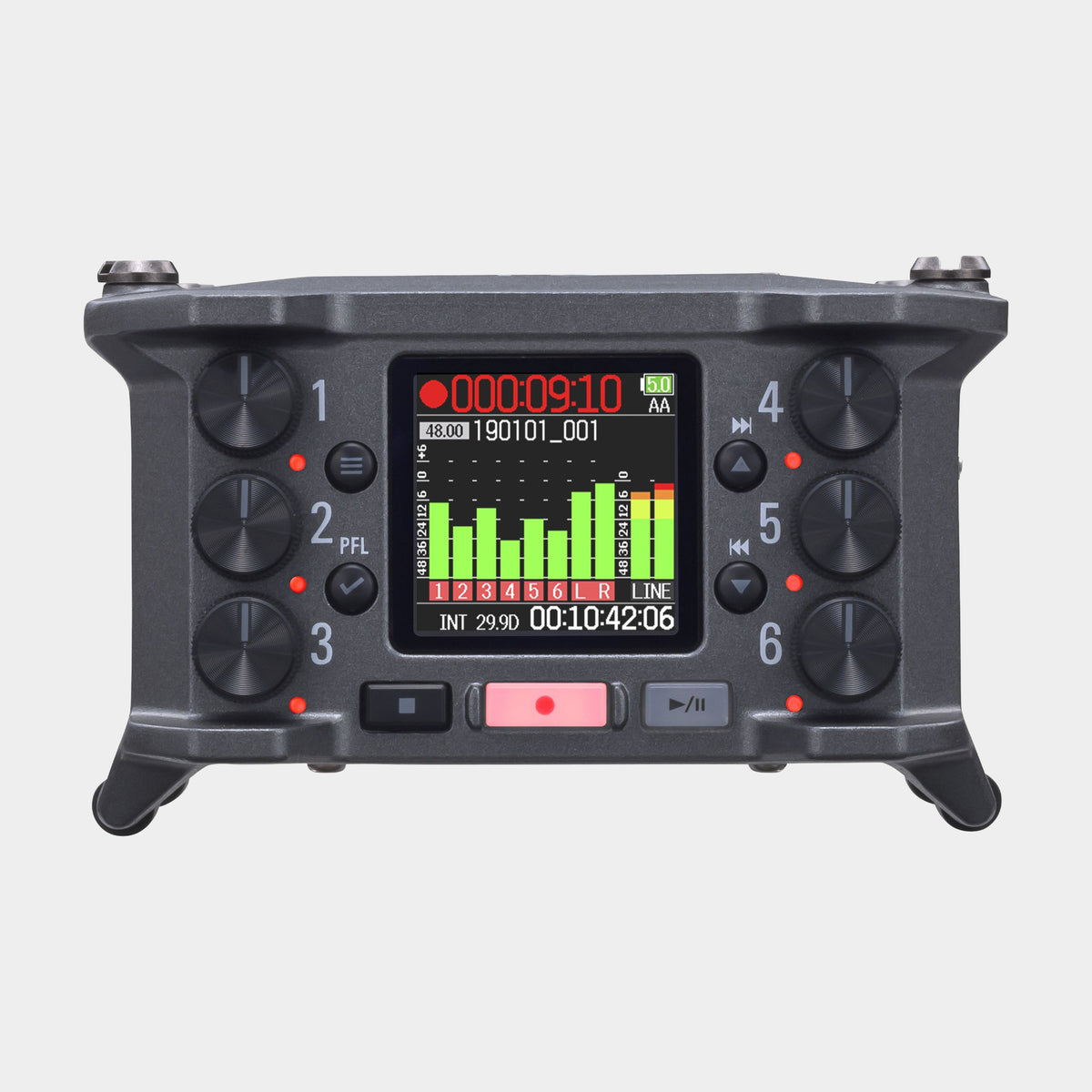 Zoom F6 multitrack field recorder, front view