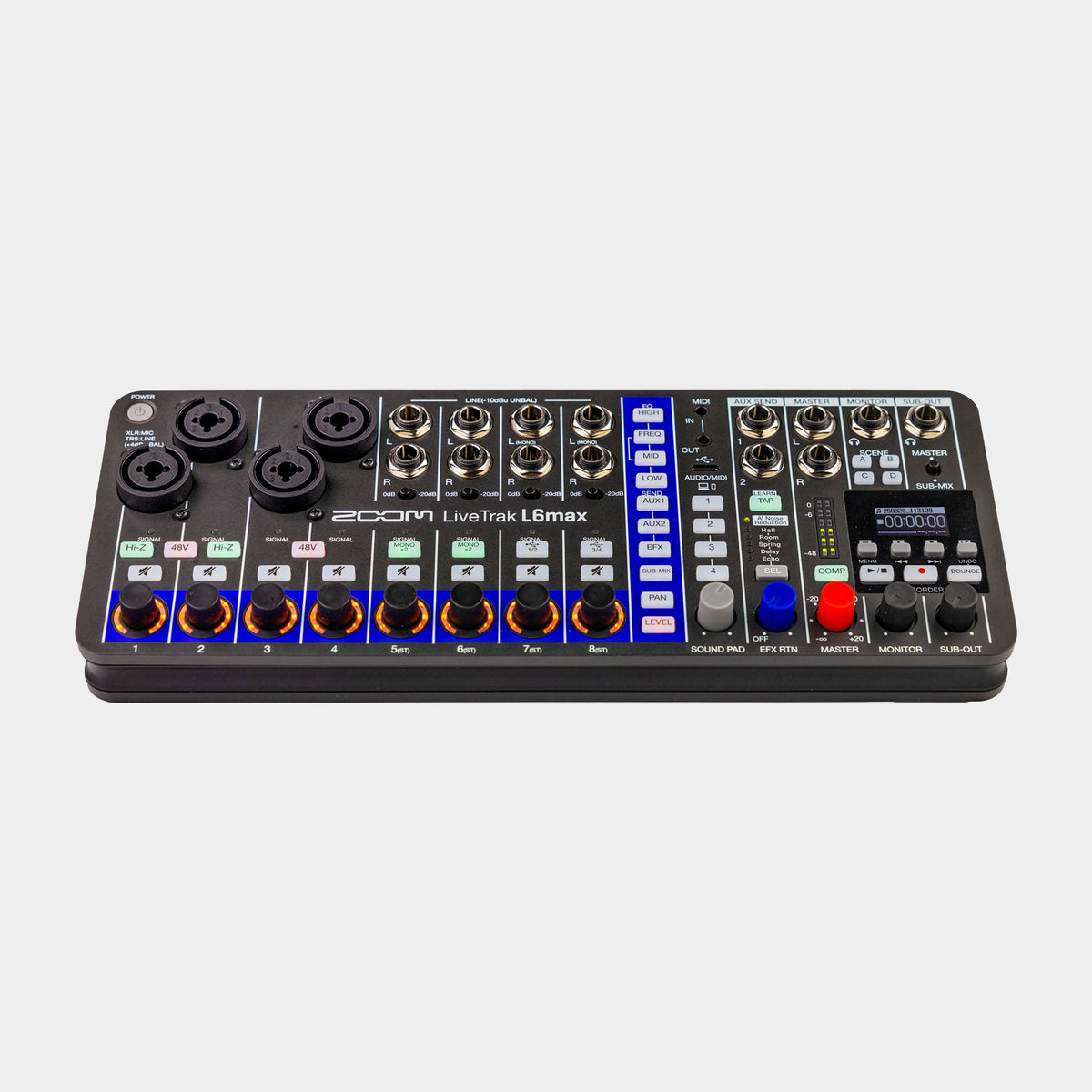 Zoom LiveTrak L6max mixer and recorder, angled front view